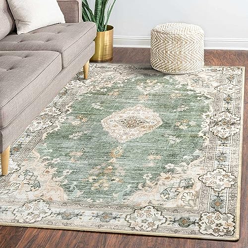 MUJOO 5'x7' Area Rugs Green Washable Boho Rug Non Slip Low-Pile Floral - color: Green, size: 5' x 7' (Rectangular)