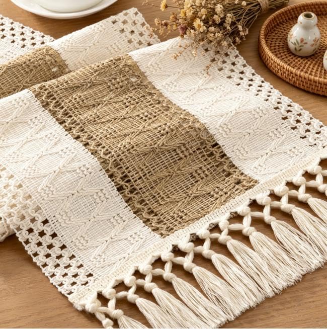 Boho Macrame Table Runner Jute Burlap Small Dresser Runner - color: Ivory and Brown, size: 12" × 36"