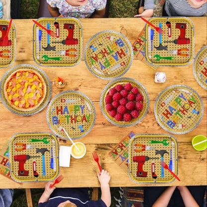96 Pcs Tools Birthday Handyman Tool Party Decorations, Serves 24 - style: Color Tool Birthday Plates
