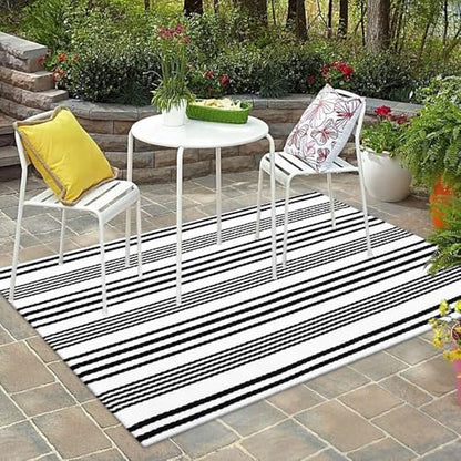 LEEVAN 4'X6' Black and White Striped Woven Cotton Reversible Outdoor Rug - color: 1white Strip, size: 4' x 6'
