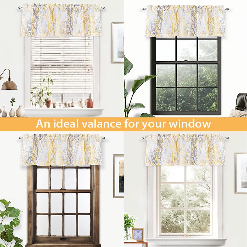 DriftAway Tree Branch Lined Valance Double Layer Blackout Thermal Insulated Abstract Ink Printing Window Curtain Valance Rod Pocket 52 Inch by 14 Inch Plus 2 Inch Header Yellow 1 Pack - color: Yellow, size: 52"W x 14"L (Pack of 1)