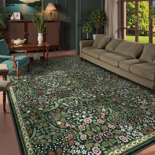 Lahome Green Botanical Rug 9x12, Cottagecore Floral Rugs for Living Room - color: Green, size: 9' x 12'