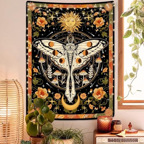 Aipon Orange Moth Tapestry Boho Retro Floral Flowers Tapestries Aesthetic Vintage Mushroom Tapestries for Bedroom Indie Small Tapestry Wall Hanging for Living Room Dorm (30'' × 40'', Orange) - color: Orange, size: 40"L x 30"W