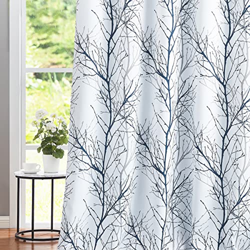 FMFUNCTEX 100% Blackout Blue Grey Tree Branch Curtains 108 Inch 2 Panels - color: Grommet | Blue, size: 52"W x 108"L (Pack of 2)