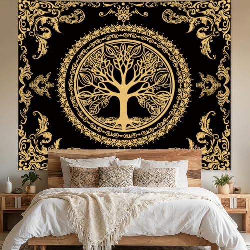 Black Golden Boho Tapestry for Bedroom, Hippie Tree of Life Wall Tapestries - color: H - Black Golden Tapestry, size: 60"L x 51"W