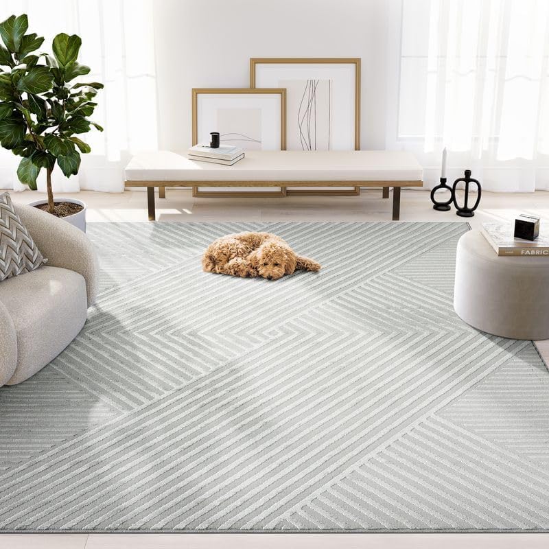 Abani Neutral Grey Area Rug 5' x 8' for Living Room, Bedroom - Criss Cross Line Zen Reiki Pattern - Durable & Easy to Clean - color: Grey, size: 5' x 8' (Rectangular)