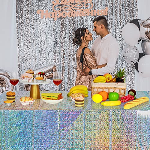 FunnyPars 4 Pack Iridescent Plastic Tablecloths Shiny Disposable Laser Rectangle Table Covers Holographic Foil Tablecloth Iridescent Party Decoration Birthday Bridal Wedding Christmas 54"x108"(Silver) - color: Silver