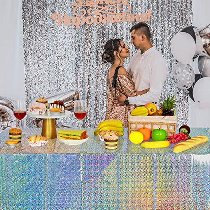FunnyPars 4 Pack Iridescent Plastic Tablecloths Shiny Disposable Laser Rectangle Table Covers Holographic Foil Tablecloth Iridescent Party Decoration Birthday Bridal Wedding Christmas 54"x108"(Silver) - color: Silver