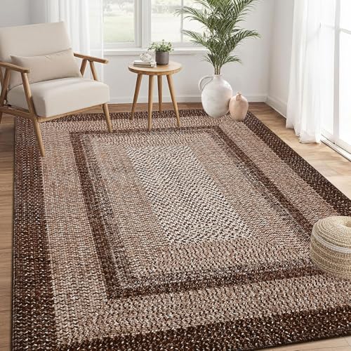 RUGSREAL Washable Bedroom Rug 4x6 Living Room Braided Print Floor Cover - color: Brown, size: 4' x 6' (Rectangular)