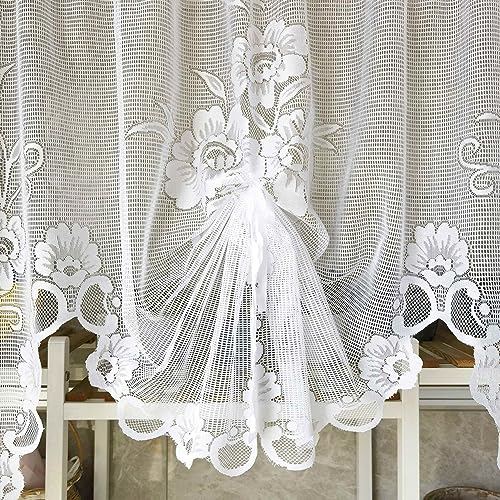 1 Panel White Floral Embroidery Tie-up Sheer Lace Curtain Valance - color: White, size: 39"W x 39"L (Pack of 1)