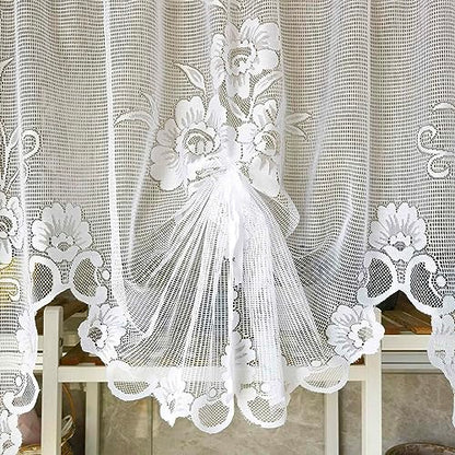 1 Panel White Floral Embroidery Tie-up Sheer Lace Curtain Valance - color: White, size: 39"W x 39"L (Pack of 1)