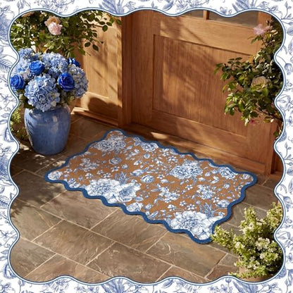 Blue Floral Doormat Outdoor Scalloped Rug Flowers Welcome Faux Coir Mat - style: Blue Floral