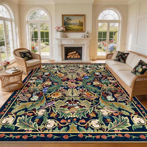 nesrt 8'x10' Boho Washable Area Rug, Jungle Bird Floral Large Indoor Rug, Soft Non-Slip Decorative Floor Carpet for Living Room, Bedroom, Farmhouse, Dining Room, Home Office, Kids Room (Dark Green) - color: Dark Green, size: 8' x 10' (Rectangular)