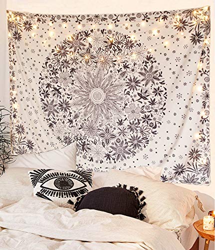 Neasow Bohemian Tapestry Wall Hanging, Beige White Floral Tapestry with Dotted Daisy Medallion Print Bedroom Boho Hippie Home Decor, 50×60 inches - color: White, size: 60"L x 50"W