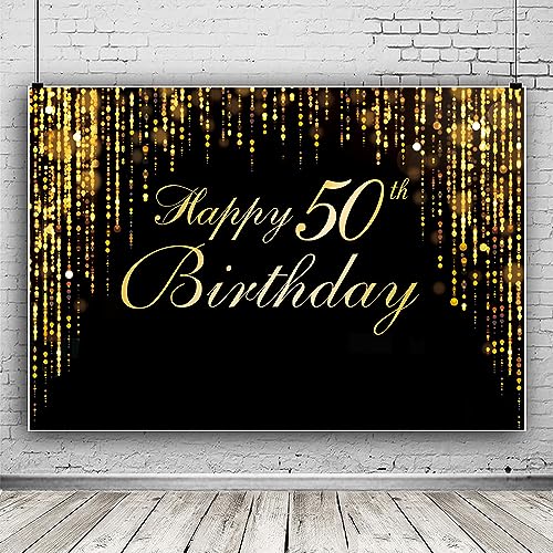 Happy 50th Birthday Photo Background, Black Gold Background Screen Suitable for Birthday Party Decoration Black Gold Flashing Photography Background Photography Booth Photographys - color: 50th Birthday Theme