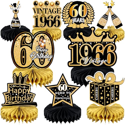 9 Pcs 60th Birthday Decoration for Men Women Table Honeycomb Sixty Decor - color: 60th-black and Gold