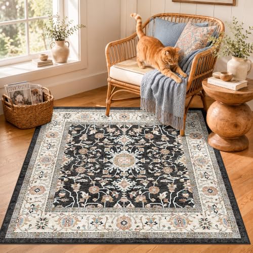 3x3 Square Entryway Rug Washable – Non-Slip Small Area Rug for Kitchen Bathroom Bedroom Soft Stain Resistant Low-Pile Indoor Mat Durable Easy Clean Carpet for Entrance Floor Decor - 3' Square Black - color: Black, size: 3' x 3' (Square)