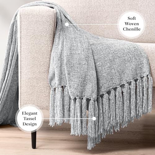 PAVILIA Chenille Throw Blanket Knit Twin Size Tassel Throw Light Grey 60x80 - color: Light Grey, size: 60 X 80 Inches - Twin