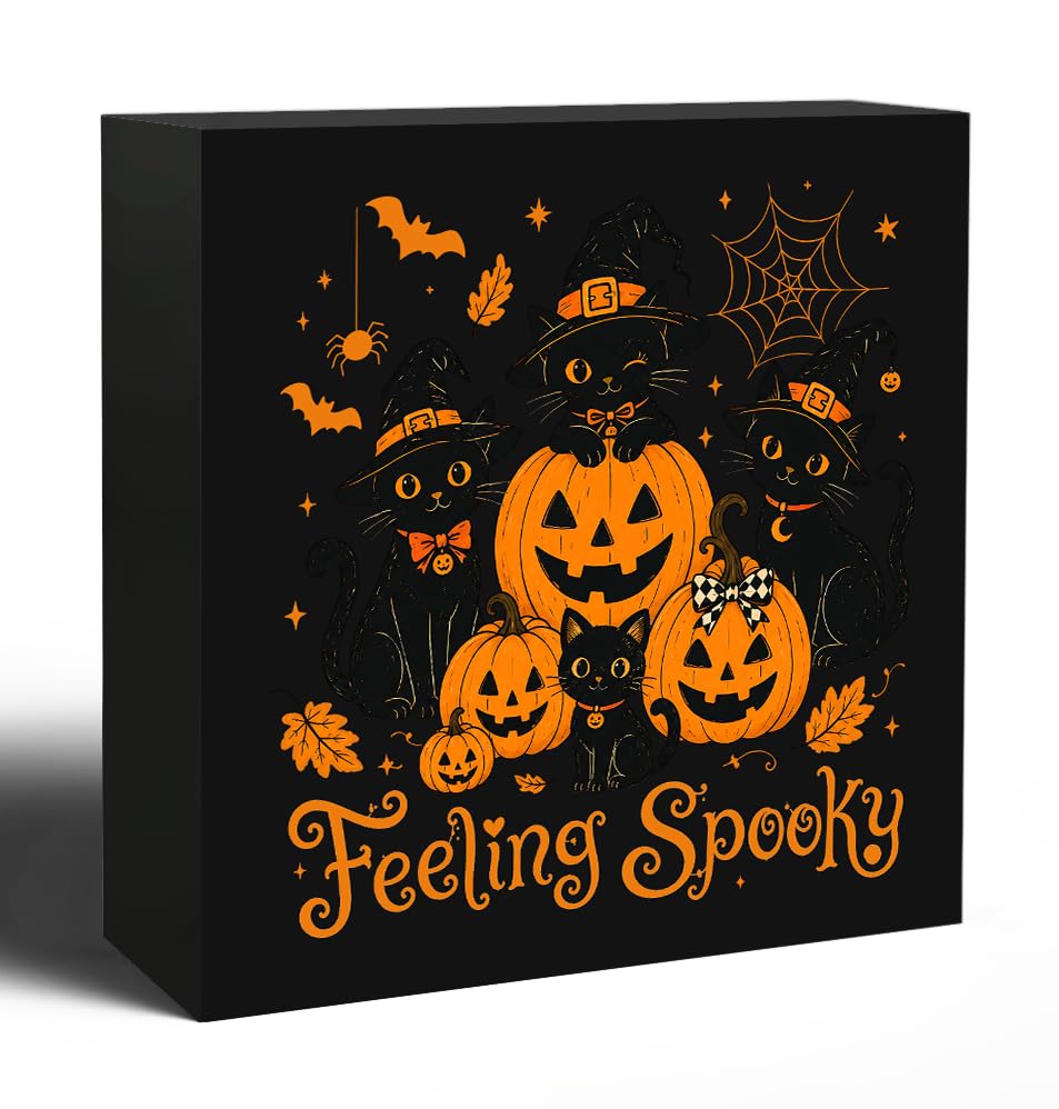Halloween Pumpkin Black Cat Wooden Box Decorative Sign 5x5 Inch - color: F