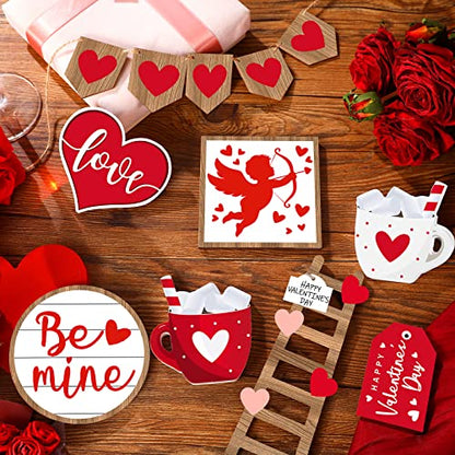 Frienda 12 Pieces Tiered Tray Decor Buffalo Plaid Table Wooden Sign Decorations Cupid Tabletop Heart Signs Be Mine Love Decor for Party Home Kitchen Holiday - style: Heart