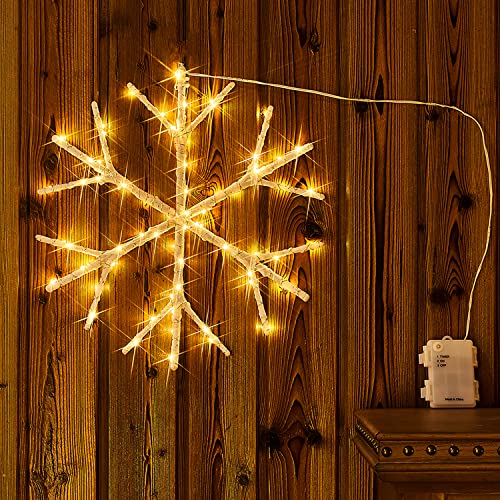 Fudios Lighted Snowflake LED Warm White Battery Operated with Timer 70L Fairy Lights 14in for Christmas Wall Window Winter Decoration Indoor Outdoor use - color: Warm White Snowflake Lights (1)