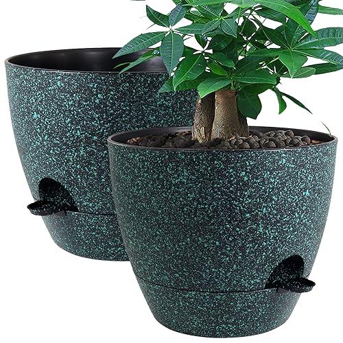 12inch 2Pack Large Self Watering Planters, Plastic Plant Pots with 60oZ Removable Deep Reservoir and Multi Mesh Drainage Holes for Indoor Outdoor Garden Plants and Flowers, Black with Green Speckles - color: Black With Green Speckles