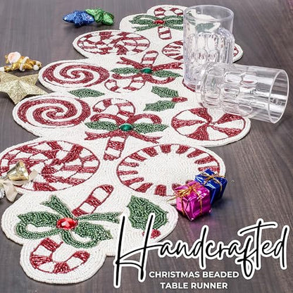 Beaded Christmas Table Runner, 13 x 36 Inches, Festive Holiday Table Decor - color: Red/Green/White