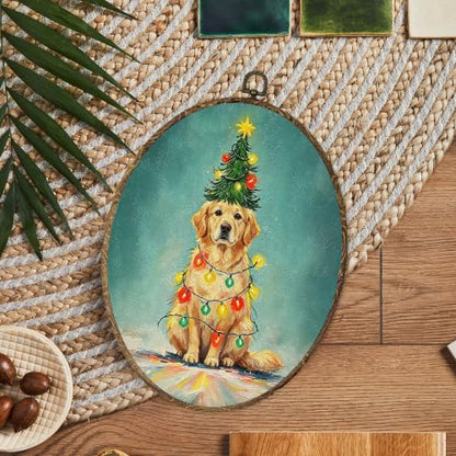 OINDADE Funny Christmas Golden Retriever Dog Oval Wall Art Hanging Decor - color: Christmas Golden