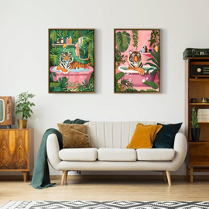 2 Pack Whimsical Tiger In Bathtub Wall Art Funny Bathroom Wall Art 16"x24" - color: Tiger in Bathtub, size: 16"x24"