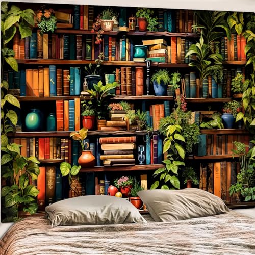 Accnicc Botanical Bookshelf Tapestry Lush Green Plant Book Shelf Tapestries Wall Hanging Vintage Retro Potted Plants Academics Extra Large Library Tapestry for Bedroom Living Room Dorm 90 x 68 inch - color: Green, size: 90"L x 68"W