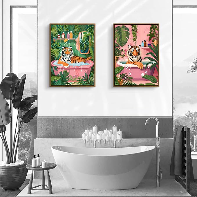 2 Pack Whimsical Tiger In Bathtub Wall Art Funny Bathroom Wall Art 16"x24" - color: Tiger in Bathtub, size: 16"x24"
