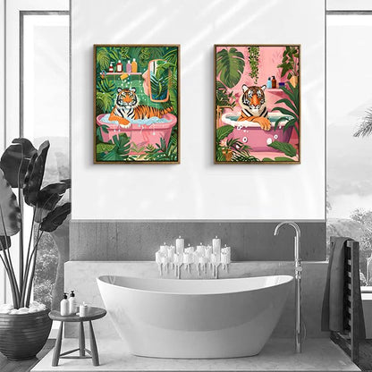2 Pack Whimsical Tiger In Bathtub Wall Art Funny Bathroom Wall Art 16"x24" - color: Tiger in Bathtub, size: 16"x24"