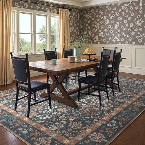 jinchan 8x10 Washable Living Room Area Rug, Vintage Floral, Dark Blue - color: Dark Blue, size: 8' x 10' (Rectangular)