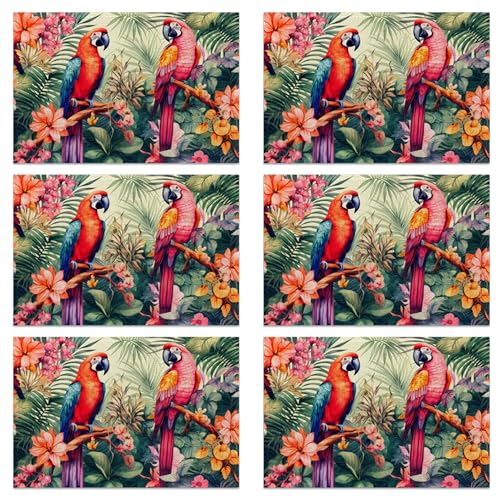 Placemats Set of 6, Tropical Parrot Forest Linen Placemats 12x18 Inch, Heat Resistant Table Mats, Washable Non Slip Place Mats for Dining Table Kitchen Home - color: Tropical Parrot Forest