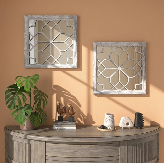Set of 2 18 Inch Large Square Grey Window Pane Wall Mirrors, Shatterproof Rustic Farmhouse Boho Vintage Accent Mirrors for Living Room, Bedroom, Bathroom, Entryway & Home Decor - color: Grey（2pcs）, size: 18"L x 18"W