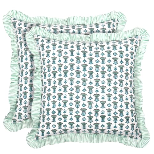 Ridhi Aquamarine Blue Block Print Ruffle Pillow Covers 24x24 Inch Set of 2 - color: Aquamarine Blue, size: 24" x 24" (Pack of 2)