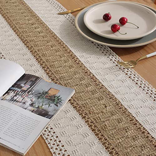 Boho Burlap Macrame Table Runner, Farmhouse Style Cotton Linen Rustic Woven Table Runner with Tassels for Dining, Wedding, Bridal Shower, Bohemian (12x108 inch, Coffee Stripe) - color: Coffee Stripe, size: 12x108 inch
