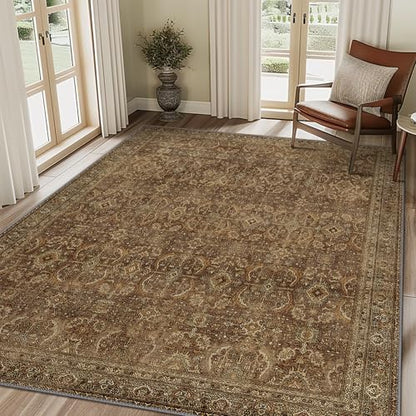 8X10 Washable Area Rug for Living Room, Vintage Non-Slip, Rustic Brown