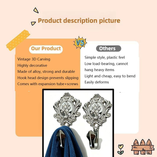 2Pcs Wall Hooks Silver Metal Rose Pattern Carved Vintage Drapery Key Hook - color: Silver