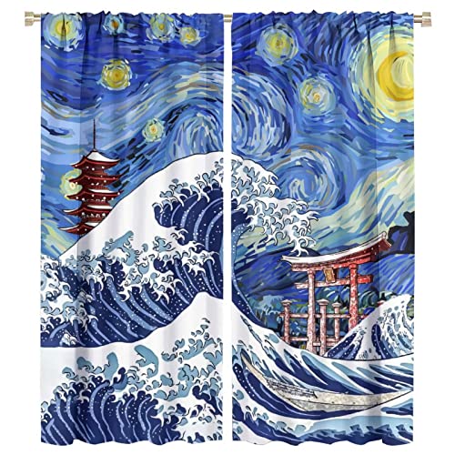 Japanese Asian Art Rod Pocket Blackout Curtains for Living Room,Room Darkening Blue Anime Ocean The Great Waves Fantasy Starry Sky Torii Bedroom Curtains,2 Panels 63L x 27.5W - color: Japanese Asian Art, size: 27.5"W x 63"L (Pack of 2)