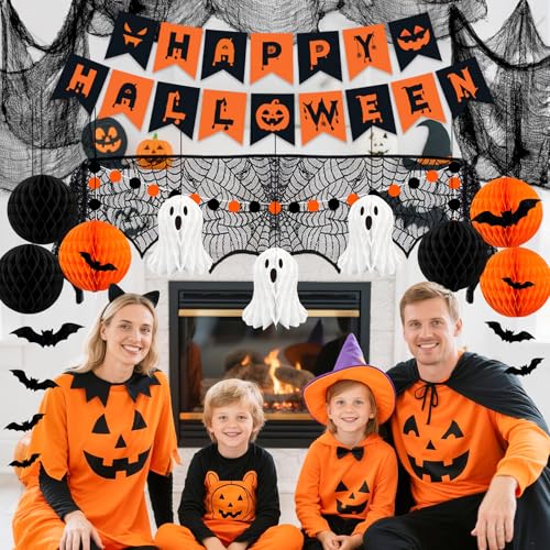 Halloween Party Decorations, 29Pcs Halloween Indoor Decorations Kit with Mantel Scarf Creepy Cloth Fabric Hanging Ghost Happy Halloweens Banner 3D Bat Stickers for Home Fireplace Wall Decor