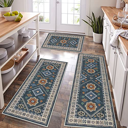 HEBE Boho Kitchen Rugs Set of 3, Non Slip Washable Kitchen Mats for Floor - color: Blue, size: 20"x32"+20"x48"+20"x59"