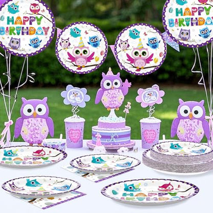 Grencian 96Pcs Owl Birthday Party Decorations for Boys Girls, Serves 24 - style: Owl Birthday Kit