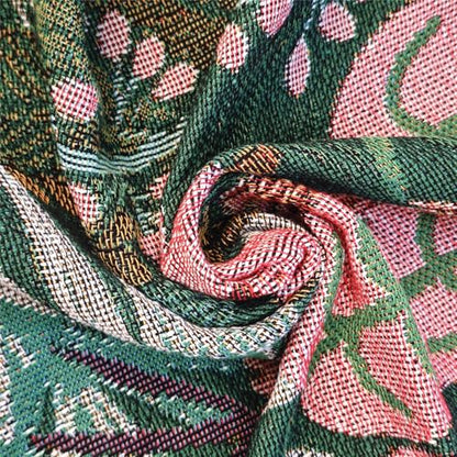 JQZ Tropical Botanical Throw Blanket, Woven Tapestry with Fringe, Colorful Jungle Foliage Design, Green Pink Orange
