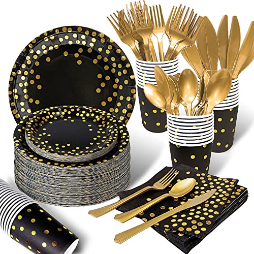 AIRE Black Gold Paper Plates Set, 175PCS Disposable Dinnerware Serves 25 - color: 175pcs Black and Gold