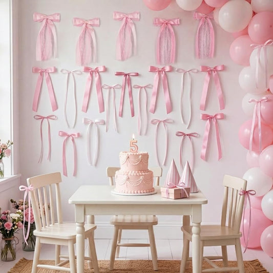 45Pcs Pink Lace Bow Wall Decor, 4 Styles Satin Bows Garland, DIY Bow Photo Backdrop, Pink Bows Party Decor for Women Girls Birthday Baby Shower Bachelorette Wedding Room Bedroom Decor - color: Stain Lace Bows, 45 Pcs