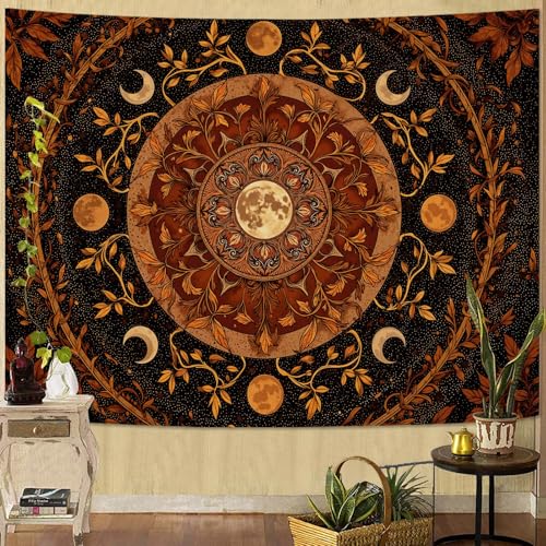 Spenlife Moon Phase Tapestry, Autumnal Mandala Tapestries for Bedroom, Boho Wall Decor, Botanical Tapestries (90" x 70") - color: Black Brwon, size: 90"L x 70"W