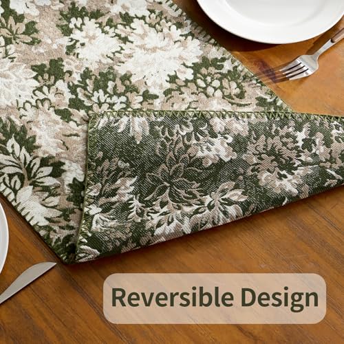 ORTIGIA Vintage Floral Fall Table Runner, Green Brown Chenille，13x48 Inch