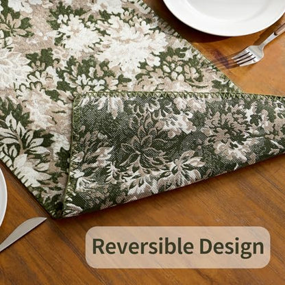 ORTIGIA Vintage Floral Fall Table Runner, Green Brown Chenille，13x48 Inch