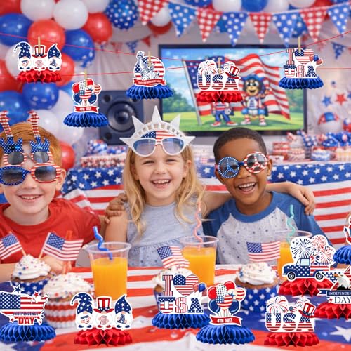 4th of July Honeycomb Centerpieces - 9PCS Patriotic Themed Table Decorations, Red White Blue Independence Day Party Supplies for Patriotic Events American Theme Gatherings - style: Independence Day